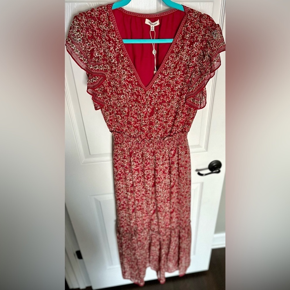 Max Studio Red Floral Boho Maxi Dress โ V-Neck Flutter Sleeve | NWT S